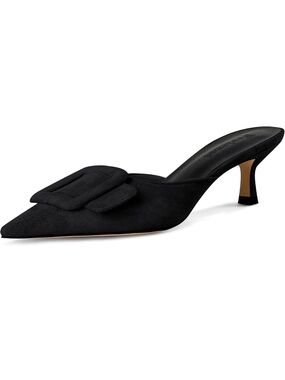 Pointed Toe Black Suede Mule with Decorative Buckle